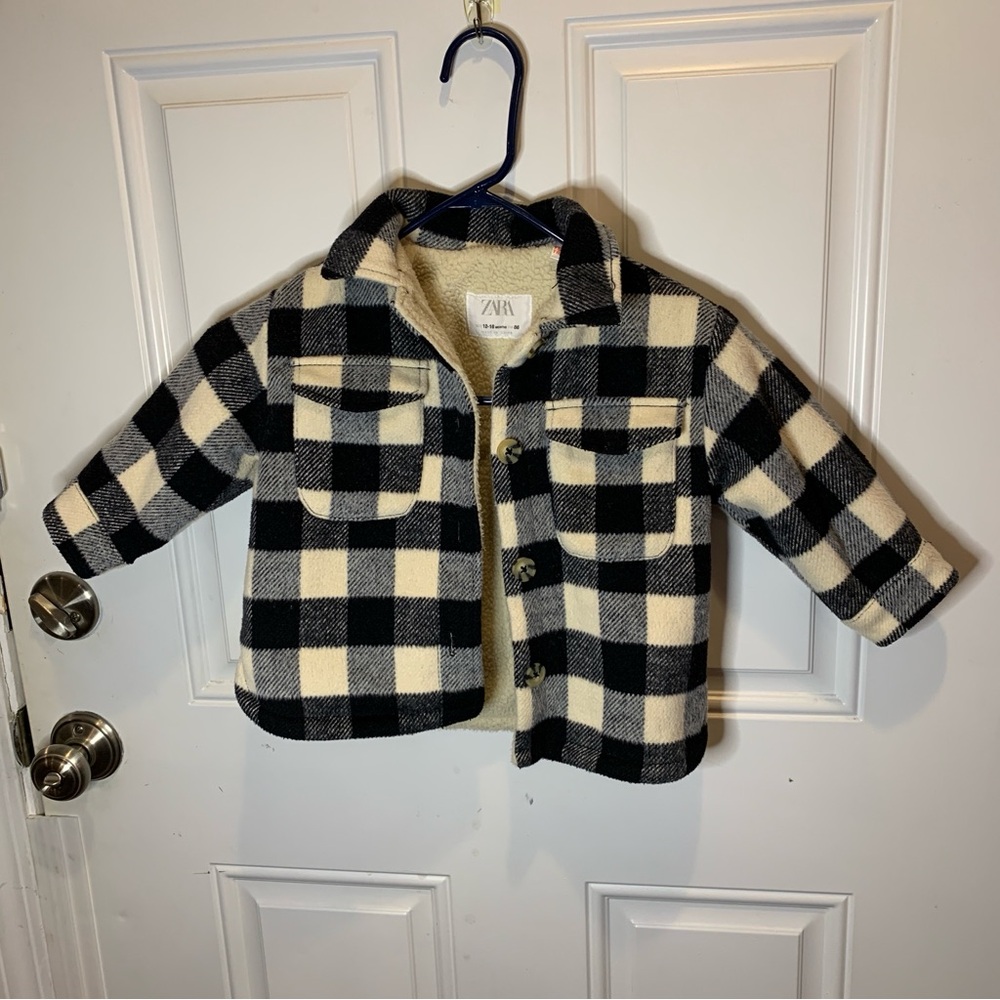 Zara Buffalo Checkered Shearling Lined Shirt Jacket Front Pockets Size 12-18 mos